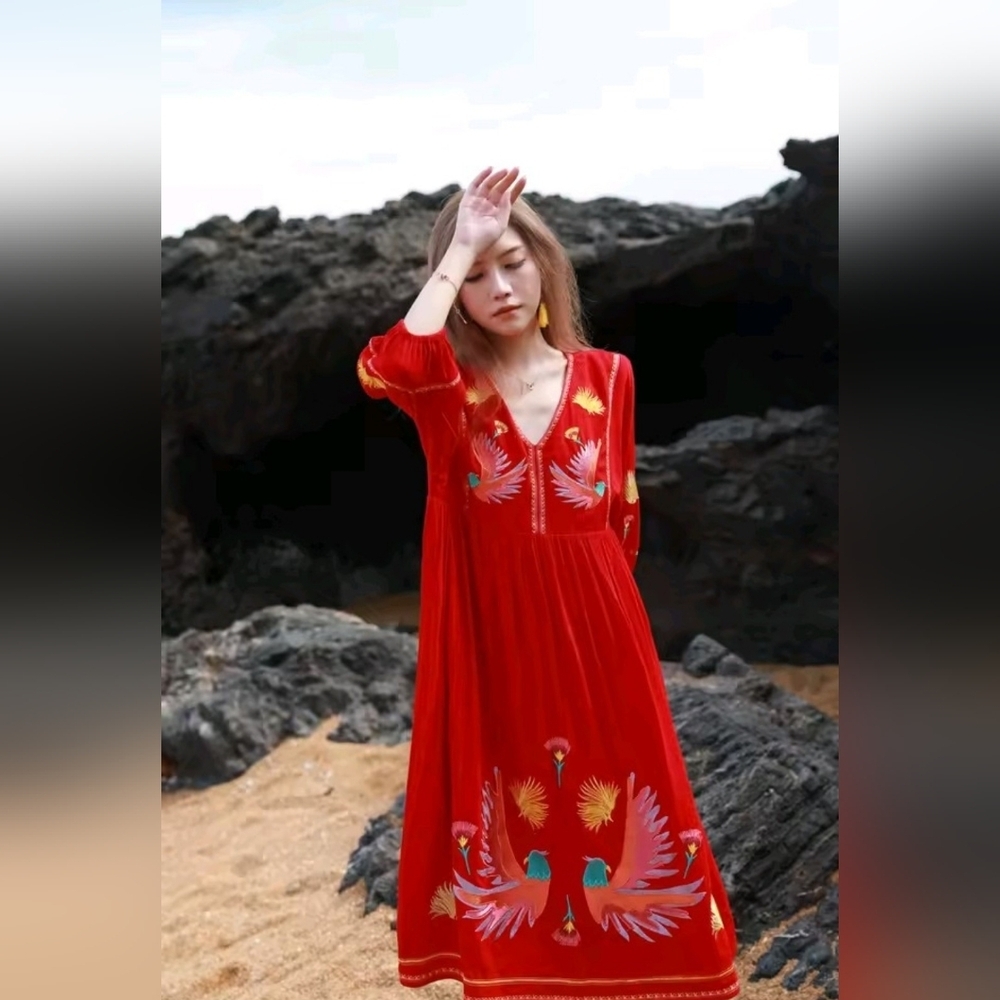 Vibrant Red Maxi Dress with Embroidered Details - Picture 4 of 13